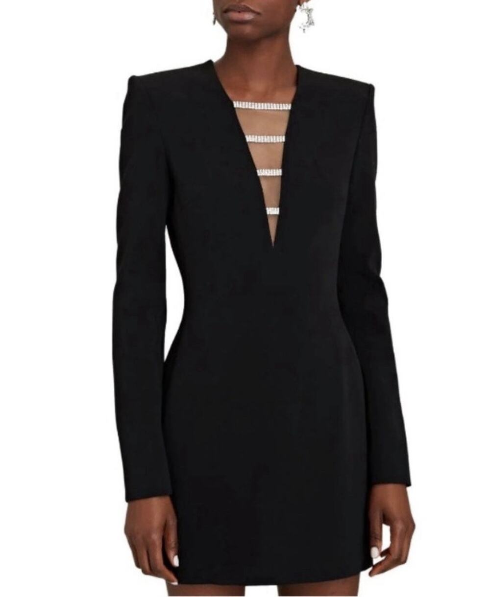 New David Koma Long Sleeve Black Mini Dress Crystal Embellished Plunge VNeck US
